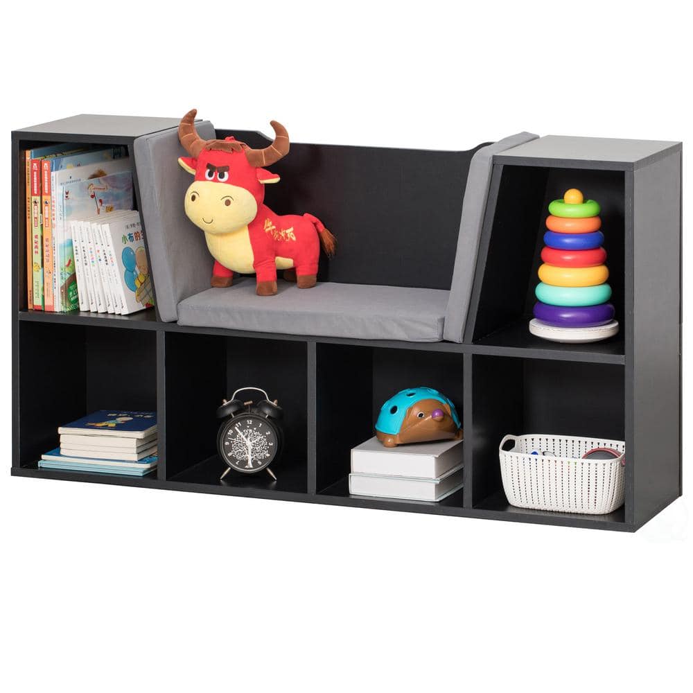 Black Wood Kids Bookshelf with Cushioned Reading Nook and Storage Cubes