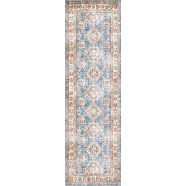 2 ft. x 8 ft. Blue Medallion Washable Area Rug