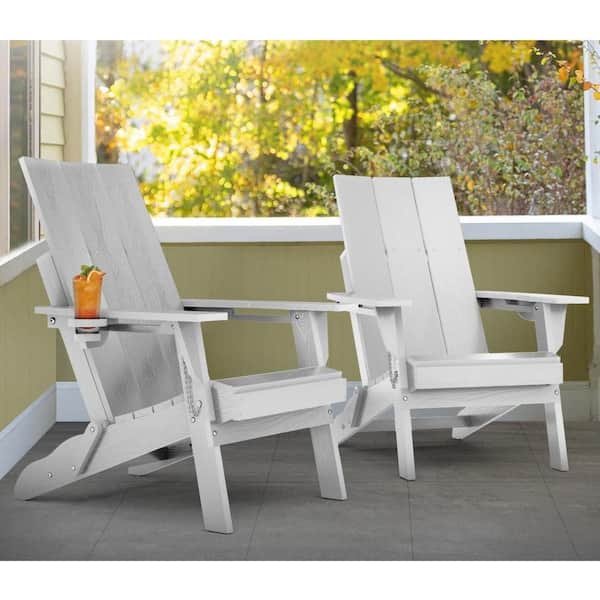 Oversized White HDPE Outdoor Plastic Folding Adirondack Chair with Cup Holder (Set of 2)