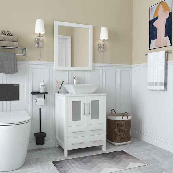 Ravenna 24 in. W Bathroom Vanity in White with Single Basin in White Engineered Marble Top and Mirror