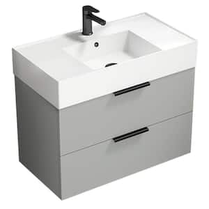 Derin 31.89 in. W x 17.32 in. D x 25.2 in . H Wall Mounted Bath Vanity in Grey Mist with Vanity Top Basin in White