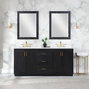Gazsi 72 in.W x 22 in.D x 34 in. H Double Sink Bath Vanity in Black Oak with White Composite Stone Top and Mirror