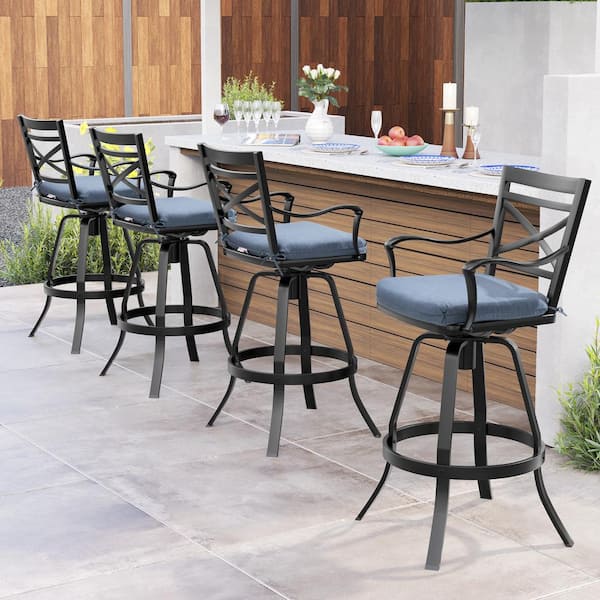 Pellebant Swivel Cast Aluminum Outdoor Bar Stool with Sunbrella Spectrum Denim Blue Cushion (4-Pack)