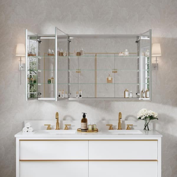 ROSA 48 in. W x 30 in. H Rectangular Aluminum Tri-View Medicine Cabinet with Mirror, Blum Hinge, Adjustable Shelves