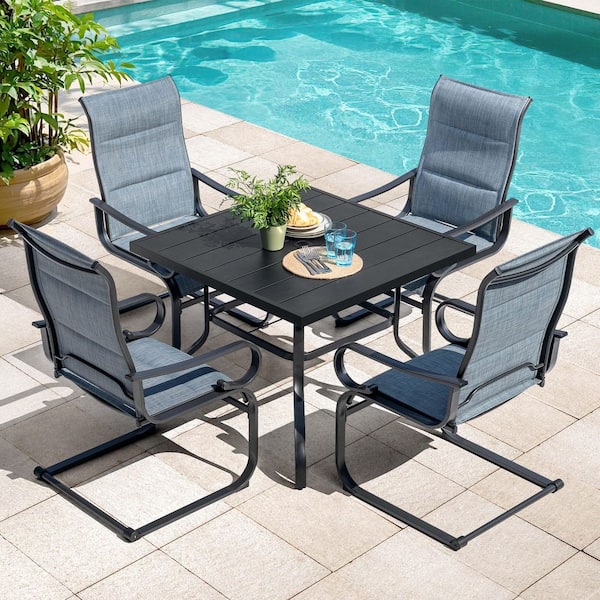 Black 5-Piece Metal and Padded Textilene Square Outdoor Dining Set with 1.6 in. Umbrella Hole and C-Spring Patio Chairs