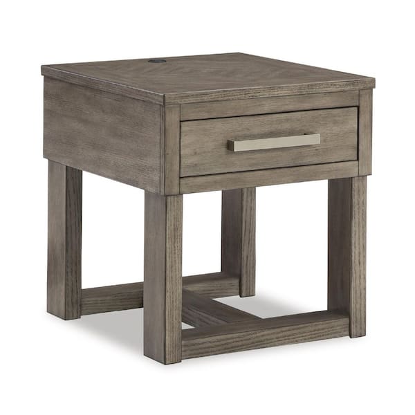 Signature DESIGN BY ASHLEY Loyaska 22 in. Gray Rectangle Wood End Table with Storage and Drawers
