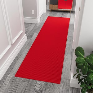 Ribbed Waterproof Non-Slip Rubber Back Solid Runner Rug 2 ft. W x 6 ft. L Red Polyester Garage Flooring