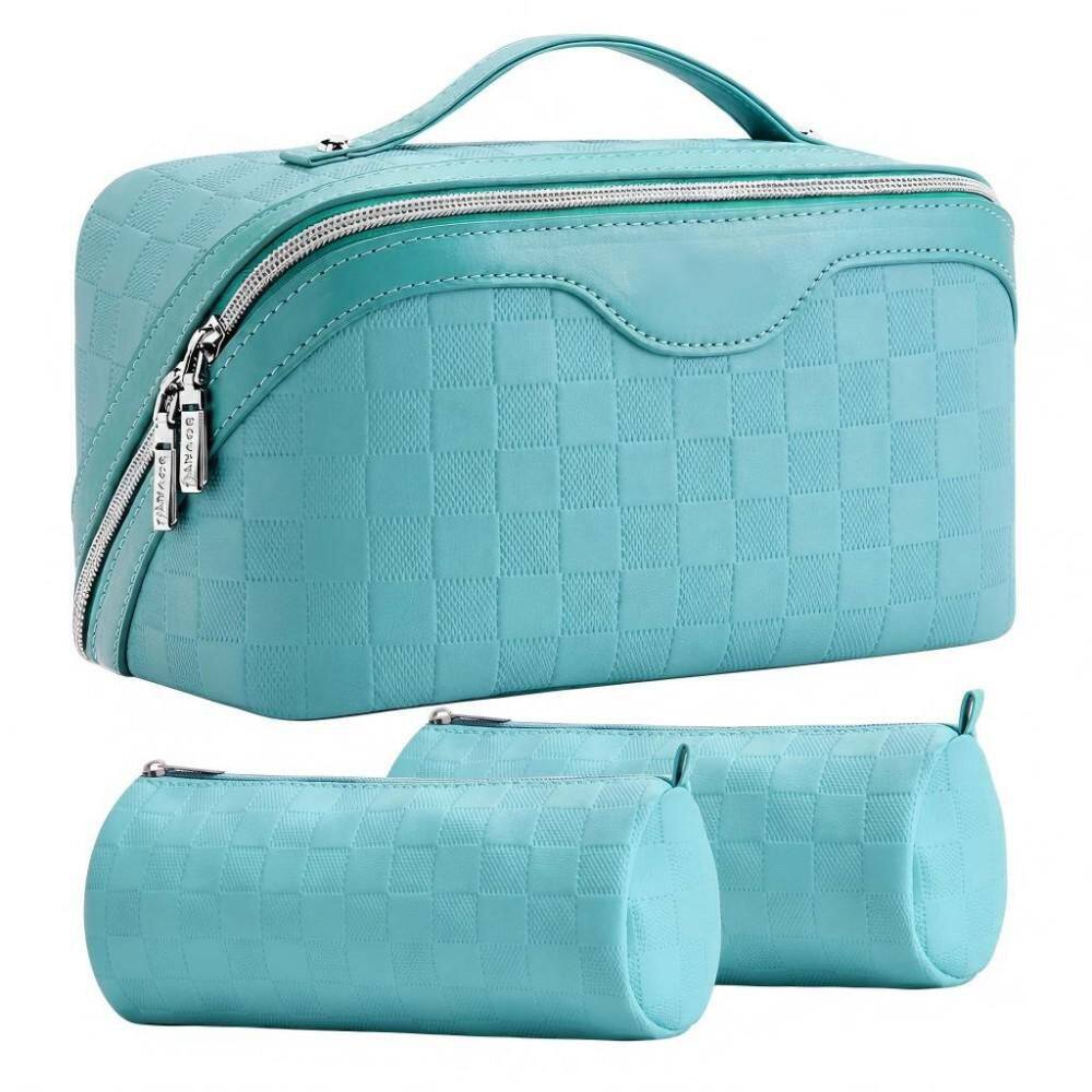 3-Piece Large Capacity Checkered Garment Bag, Waterproof Faux Leather, Toiletry Organizer with Detachable Pouches, White