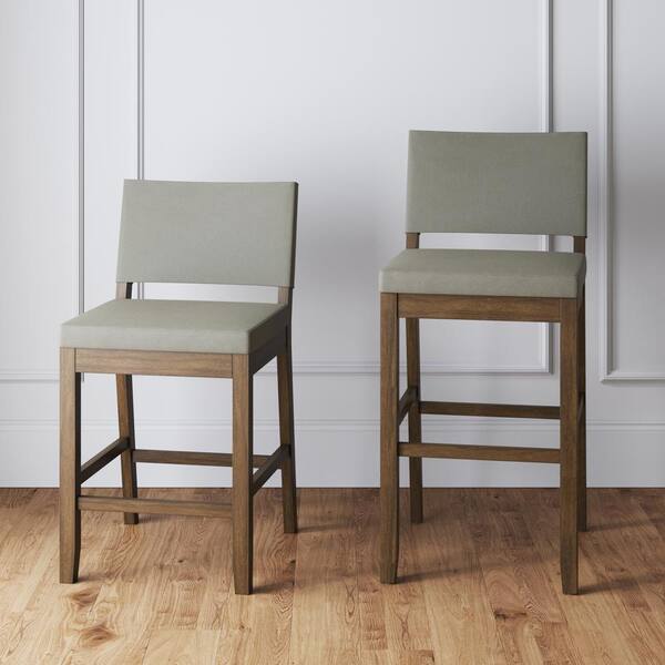 Linus 29 in. Modern Upholstered Bar Height Wood Bar Stool with Back for Kitchen, Light Grey/Brown, (Set of 4)
