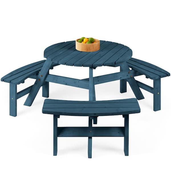 35 in. Harbor Blue Round Wood Picnic Tables 6-Person w/ Umbrella Hole