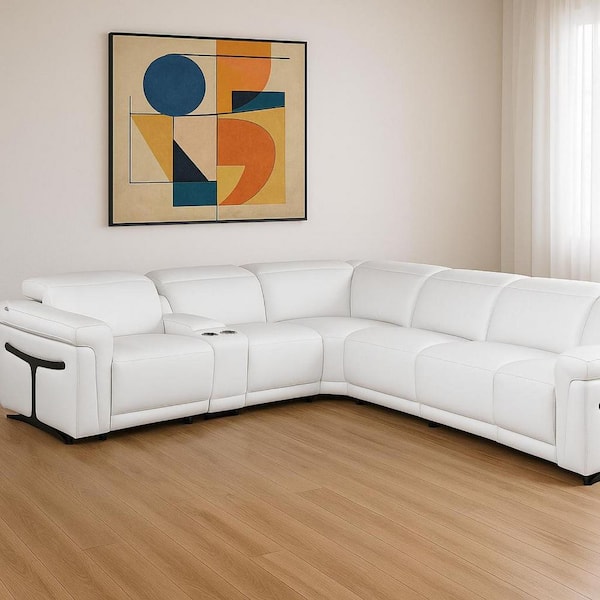 138.00 in. Flared Arm 7 piece Leather L-Shaped Sectional Sofa in White