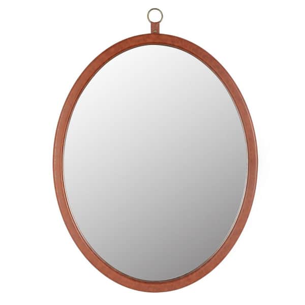 Unbranded 23.62 in. W x 29.92 in. H Modern Design Oval PU Covered MDF Framed Wall Bathroom Vanity Mirror in Brown