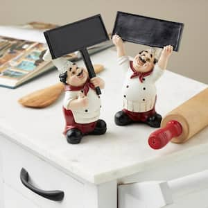 White Polystone Kitchen Decorative Figurine Chef Sculpture with Chalkboard Signs (Set of 2)