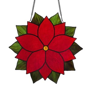 Carol 12 in. Red Poinsettia Flower Stained Glass Window Panel