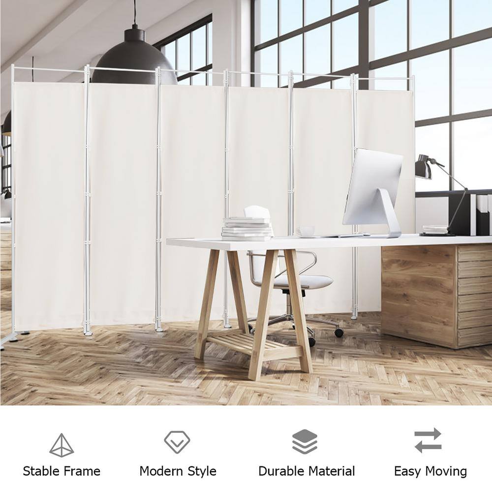 White 6-Panel Folding Privacy Screen with Metal Frame