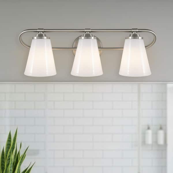 23 in. 3-Light Brushed Nickel Contemporary Wall Sconce with Opal Glass Shades