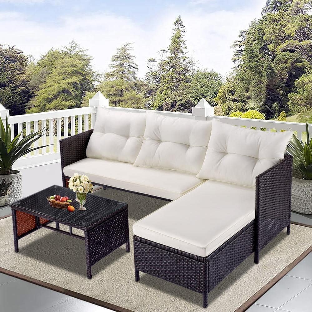 3-Piece Wicker Patio Conversation Set with Beige Cushions and Coffee Table,