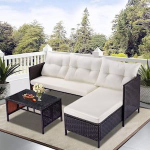 3-Piece Wicker Patio Conversation Set with Beige Cushions and Coffee Table, All-Weather Modular Outdoor Seating Sofa Set