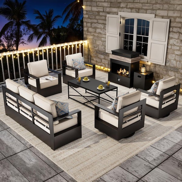 7-Piece Fire Pit Patio Set Wicker Outdoor Patio Conversation Set with Coffee Table and Thick Beige Cushions