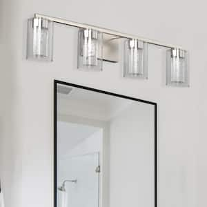 26 in. 28-Watt 4-Light Brushed Nickel Crystal LED Integrated Vanity Light for Bathroom, 3000/4000/6000K Adjustable