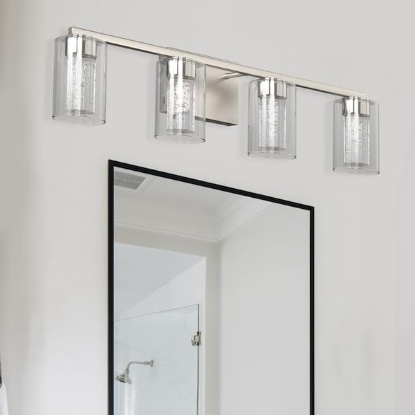 26 in. 4-Light Brushed Nickel Crystal LED Vanity Light, Integrated Bathroom Fixture with 3000K/4000K/6000K