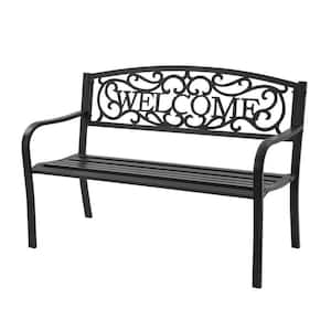 Black Metal Outdoor Bench with Welcome Design Backrest