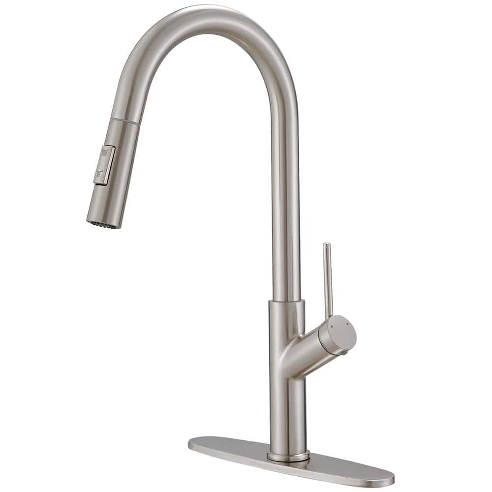 Single Handle Pull-Down Sprayer Kitchen Faucet with Deck Plate in Brushed N
