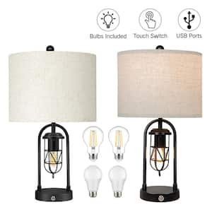 22 in. Industrial Black Table Lamp Set with Night Lights and USB Ports, LED Bulbs Included (Set of 2)