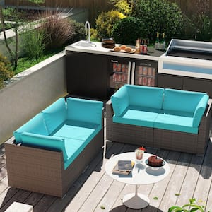 4-Piece Wicker Outdoor Patio Sectional Sofa Conversation Set with Turquoise Cushions