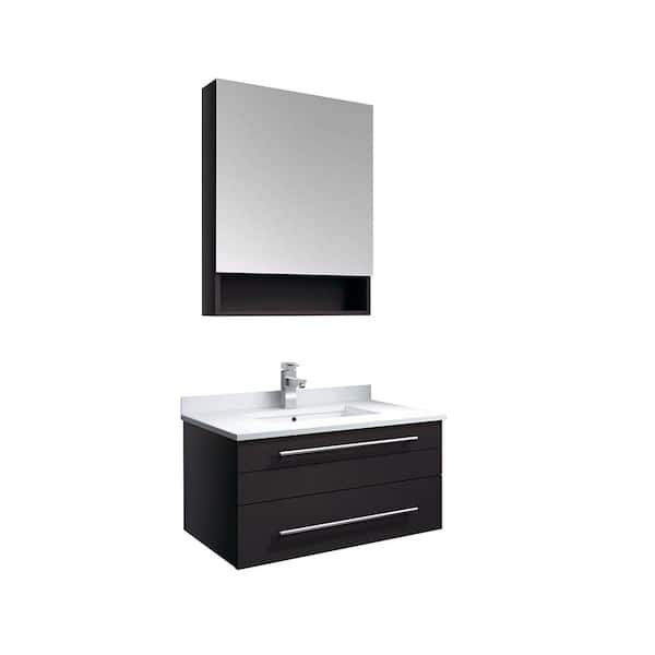 Fresca Lucera 30 in. W Wall Hung Vanity in Espresso with Quartz Stone Vanity Top in White with White Basin and Medicine Cabinet