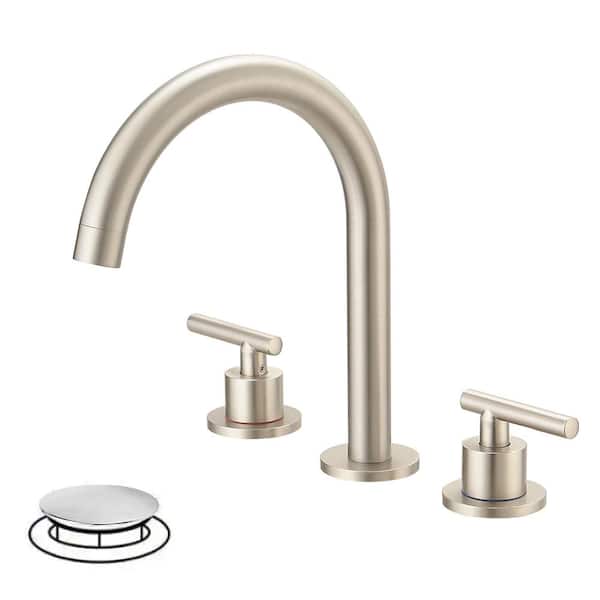 8 in. Widespread Double Handle High-Arc Bathroom Faucet Water-Saving with Drain Kit in Brushed Nickel