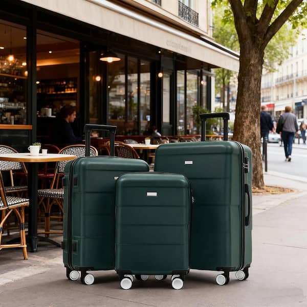 3-Bags 3-Piece Dark Green ABS Hardshell Double Spinner Luggage Set with TSA Lock