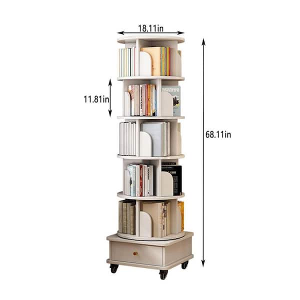 360°Rotating 68 in. H White Wooden 6 Shelf Corner Bookcase with Drawer and Universal Wheels for Book Toy or Collection