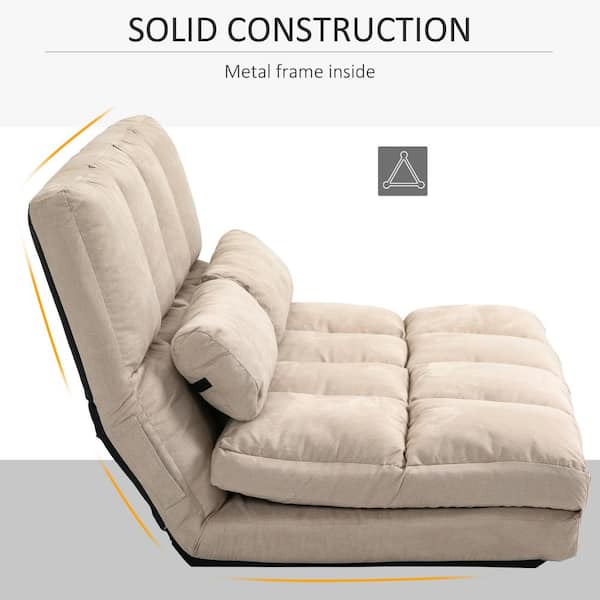 Beige HOMCOM Convertible Floor Sofa with 7 Position Adjustable Backrest Metal Frame and 2 Pillows Thick Padding