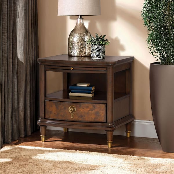 Whitney 24 in. Dark Cherry Rectangular Wood Top End Table with LED and Pull Out Tray