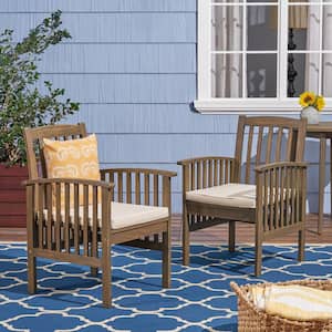 Sierra Grey Stationary Wood Outdoor Dining Chair with Cream Cushions (2-Pack)