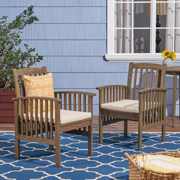 Noble House Sierra Grey Stationary Wood Outdoor Dining Chair with Cream Cushions (2-Pack)