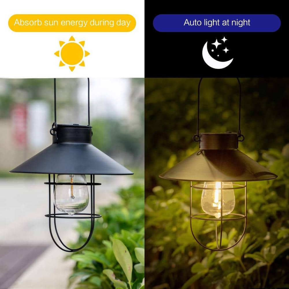 Black Solar Metal Hanging Lanterns with Shepherd Hooks, Set of 2