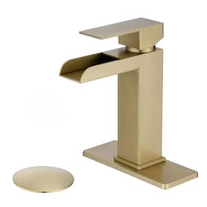 Single-Handle Single-Hole Waterfall Spout Bathroom Faucet with Deckplate and Drain Assembly in Brushed Gold