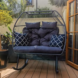 Outdoor Oversized PE Wicker Rocking Chair 2-Person Egg Chair Loveseat with Padded Gray Cushion