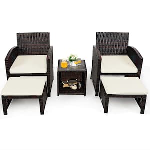 5-Piece Wicker Patio Conversation Set with White Cushions Sofa Coffee Table Ottoman