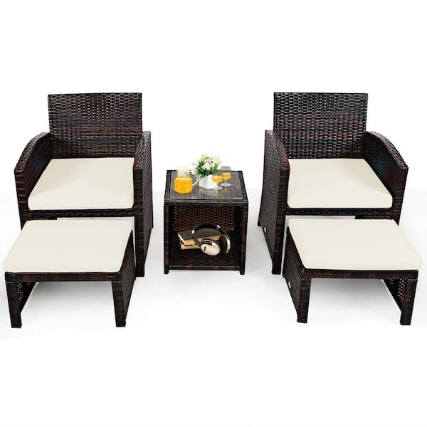 Costway 5-Piece Wicker Patio Conversation Set with White Cushions Sofa Coffee Table Ottoman