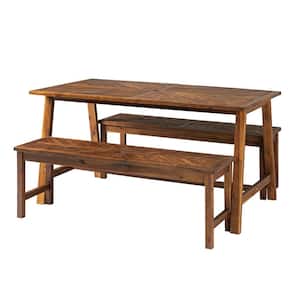 Dark Brown 3-Piece Acacia Wood Boho Rectangle Table and Benches Outdoor Dining Set