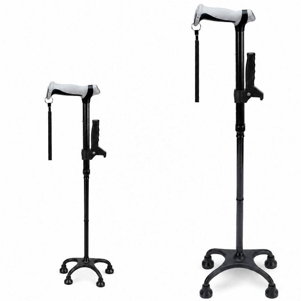 Adjustable Quad Cane with Ergonomic Handle and 4-Pronged Base, Black Aluminum for Right or Left Hand Use