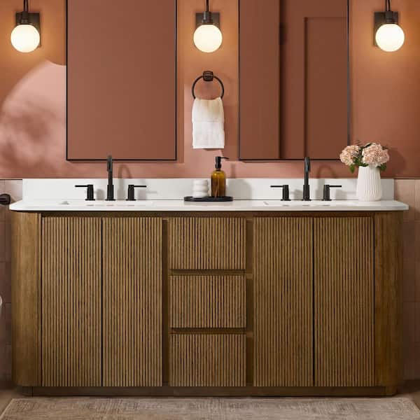 Wilsham 73 in. Double Sink Freestanding Bathroom Vanity in American Oak with White Quartz Top (Assembled)