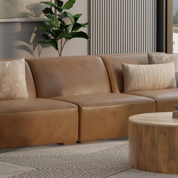 Simpli Home Rex 34 in. Armless Leather Rectangle Center Sofa Module in. Caramel Brown
