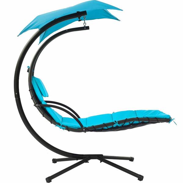 Patio Post Blue Metal Outdoor Hanging Curved Chaise Lounge Patio Swing Chair