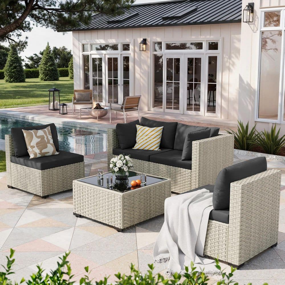 5 Pieces Gray Wicker Patio Conversation Set with Black Cushions price history on PriceWatchPro