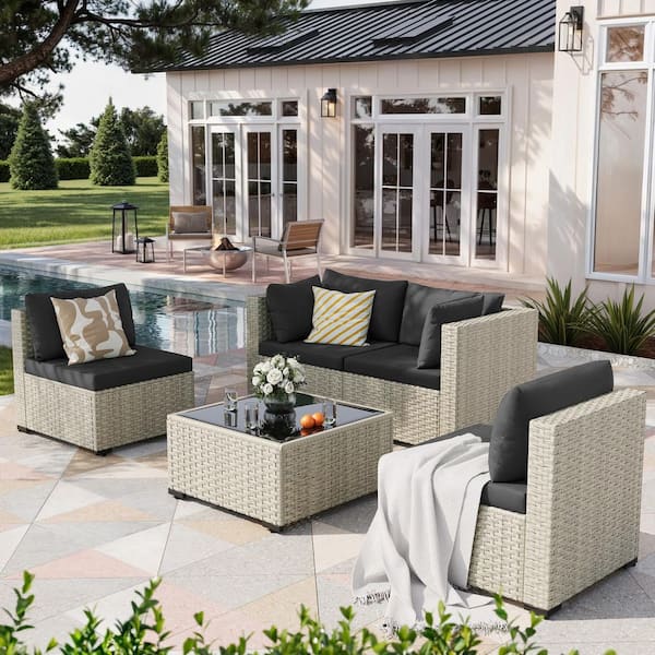 5 Pieces Gray Wicker Patio Conversation Set with Black Cushions