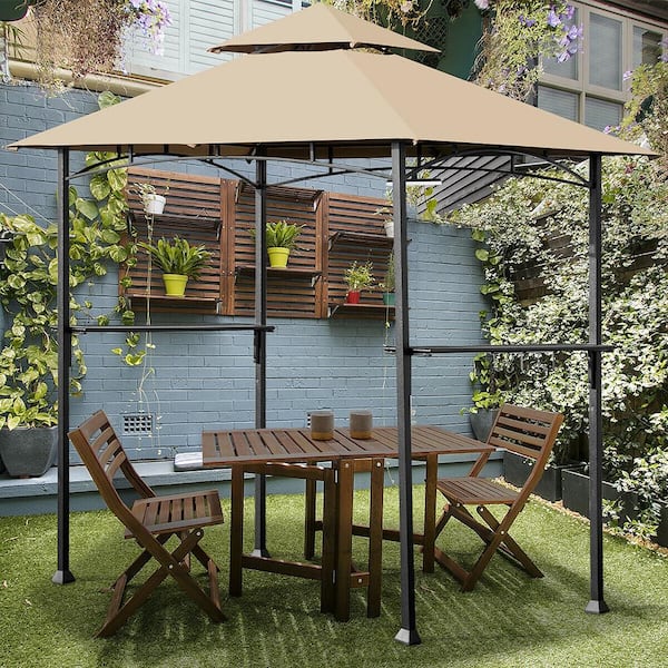 8 ft. x 5 ft. Outdoor Patio Barbecue Grill Gazebo with LED Lights 2-Tier Canopy Top Tan